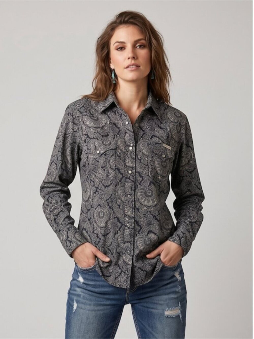 Lucky Brand Boho Western Cotton Shirt Intricate Grey Black Bandana Paisley